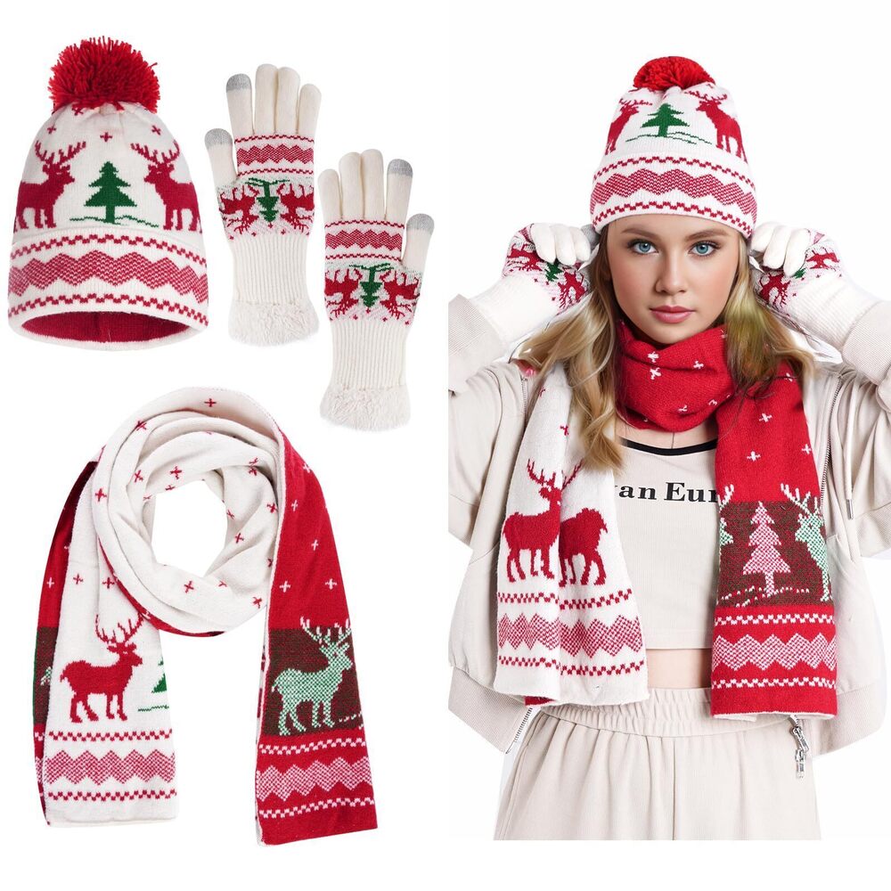 7276 Knitted Hat Scarf Glove Set , Pom Pom Beanie, Warm Gloves, Winter